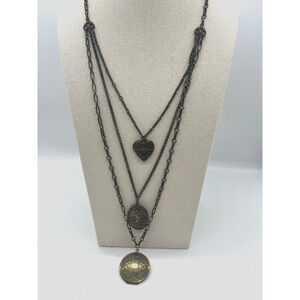 Ben Amun Triple Locket Layered Chain Necklace Antique Brass Pot Metal 80s Floral